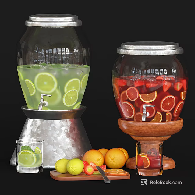 Clear Glass Drink Dispensers With Lime Strawberry Orange Fruits And Glass Cup 3d model 
