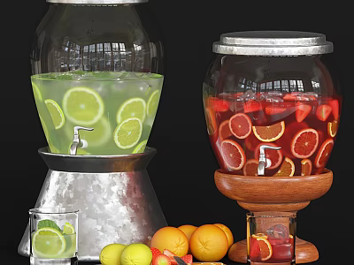Clear Glass Drink Dispensers With Lime Strawberry Orange Fruits And Glass Cup 3d model
