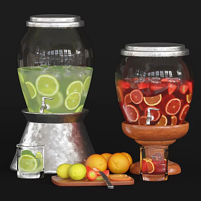 Clear Glass Drink Dispensers With Lime Strawberry Orange Fruits And Glass Cup 3d model