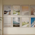 Abstract Paintings Featuring Natural Landscapes Mountains Rivers Beaches And Fields In Framed Artworks On Wall