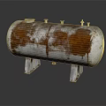 Rusty Cylindrical Metal Tank With Top Valves And Legs On Reflective Surface
