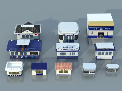 Various Police Station Models With Different Rooftop Styles And Blue White Exteriors 3d model
