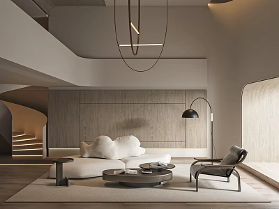 Modern Duplex Living Room Interior Design With Sofa Armchair Pendant Light And Wooden Panels 3d model