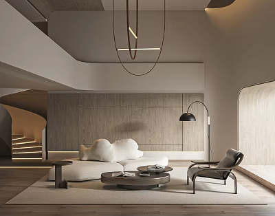 Modern Duplex Living Room Interior Design With Sofa Armchair Pendant Light And Wooden Panels 3d model