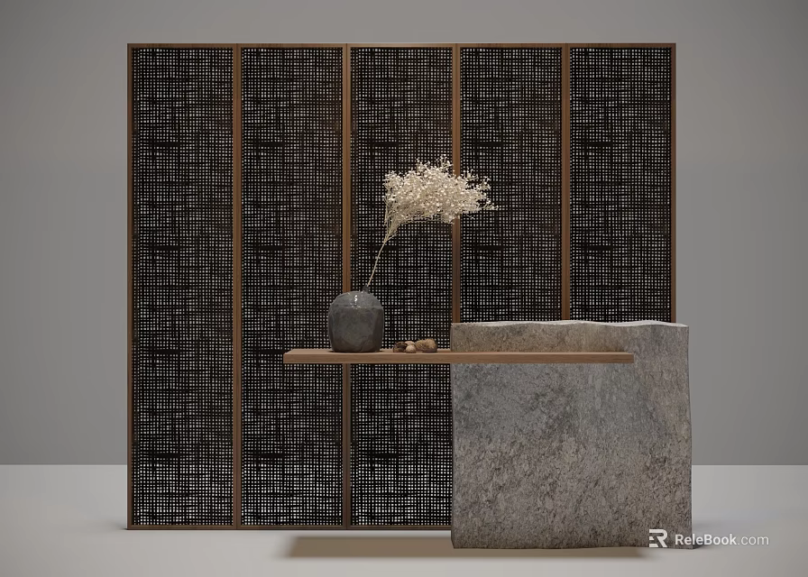 Modern Reception Desk Featuring Stone Countertop Wooden Woven Screen And Dried Flower Vase 3d model 