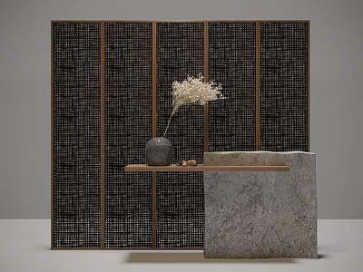 Modern Reception Desk Featuring Stone Countertop Wooden Woven Screen And Dried Flower Vase 3d model
