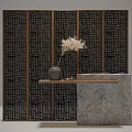 Modern Reception Desk Featuring Stone Countertop Wooden Woven Screen And Dried Flower Vase