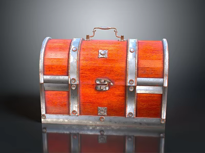 Vintage Red Wooden Chest Design With Metal Straps Lock And Handle 3d model