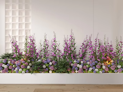 Purple White Flowers and Green Plants in White Planter Box Light Colored Wall Wooden Floor 3d model