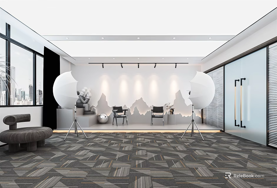 Modern Public Office Space with White Spherical Lamps Gray Geometric Carpet and Mountain Backdrop 3d model 