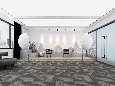 Modern Public Office Space with White Spherical Lamps Gray Geometric Carpet and Mountain Backdrop 3d model
