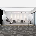 Modern Public Office Space with White Spherical Lamps Gray Geometric Carpet and Mountain Backdrop