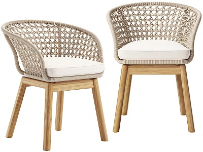 Modern Rattan Leisure Chairs With White Cushions And Wooden Legs Design 3d model