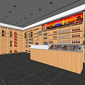 Modern Liquor and Tobacco Store Interior With Wooden Shelves Counter Green Plant Wall And Products
