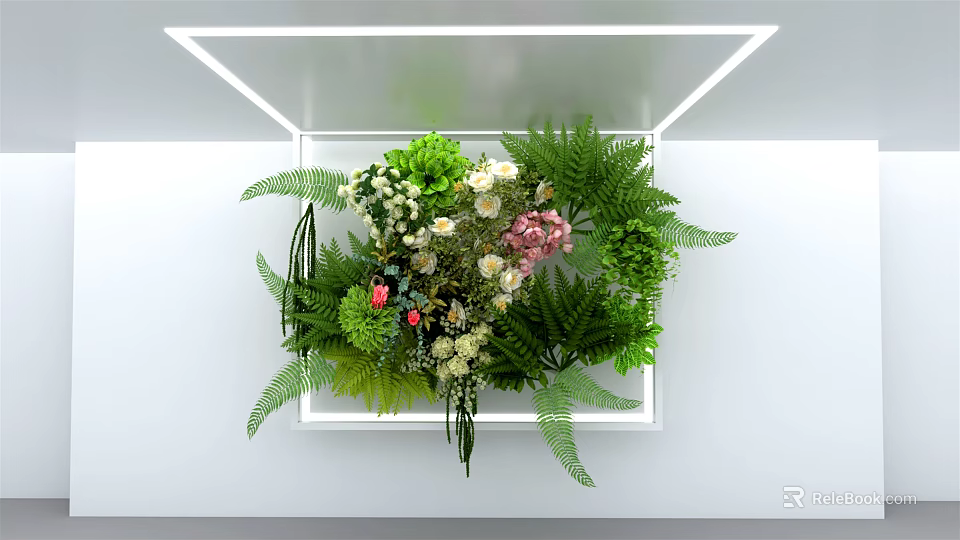 Indoor Living Plant Wall With White Frame Ferns And Colorful Flowers 3d model 