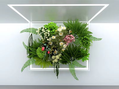 Indoor Living Plant Wall With White Frame Ferns And Colorful Flowers 3d model