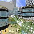 Commercial Street Modern Buildings With Colorful Facade Decorations Green Trees And Pedestrians