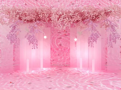 Romantic Pink Photo Spot With Flower Vines Decor Hanging Lights And Shiny Backdrop 3d model