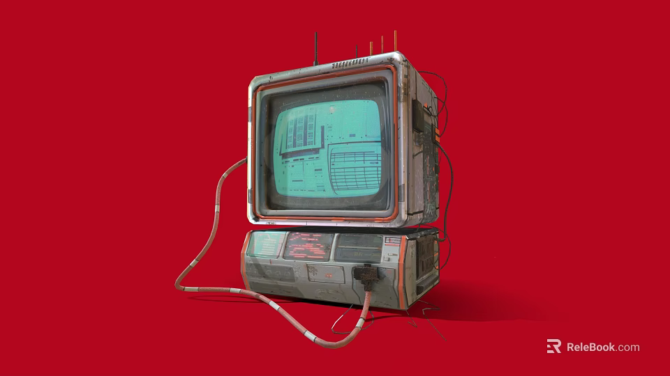 Retro Electronic TV With Old Fashioned Design Green Screen Display Red Background And Wires 3d model 