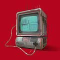 Retro Electronic TV With Old Fashioned Design Green Screen Display Red Background And Wires