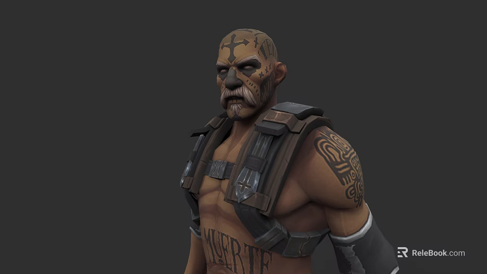 Game and Movie Character With Bald Head Cross Tattoos Beard Shoulder Tattoos and Harness Gear 3d model 