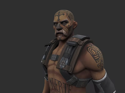 Game and Movie Character With Bald Head Cross Tattoos Beard Shoulder Tattoos and Harness Gear 3d model