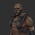 Game and Movie Character With Bald Head Cross Tattoos Beard Shoulder Tattoos and Harness Gear
