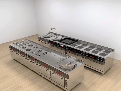 Professional Commercial Kitchen Interior With Stainless Steel Workstation Stovetops Cabinets And White Walls 3d model