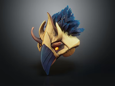 Fantasy Creature Head 3D Model With Blue Feathers Yellow Horns And Orange Eyes 3d model