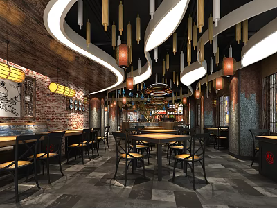 Chinese Style Restaurant Interior With Curved Lighting Lanterns And Brick Walls 3d model