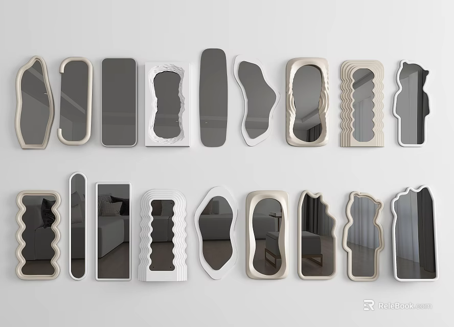 Various Shaped Decorative Mirrors With Modern Frames And Unique Designs 3d model