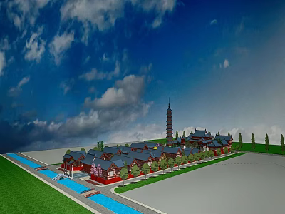Traditional Ancient Chinese Architecture Complex With Pagoda Tower Water Channel Green Lawn And Trees 3d model