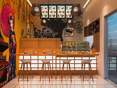 Japanese Sushi Restaurant Interior With Ukiyo e Wall Art Wooden Counter And Menu Lightbox 3d model