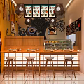 Japanese Sushi Restaurant Interior With Ukiyo e Wall Art Wooden Counter And Menu Lightbox