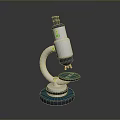 White Microscope With Green Buttons Blue Base And Metal Stand For Science Education