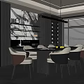 Modern Restaurant Interior With Dining Table Chairs Pendant Lights Wine Rack And Large Windows