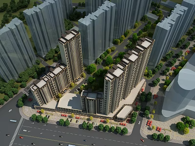 High Rise Residential Buildings With Greenery Surrounding Roads And Parking Areas 3d model