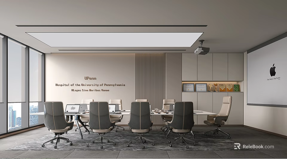 University Department Conference Room Interior With Long Table Ergonomic Chairs Projector Cabinets And Framed Decorations 3d model 