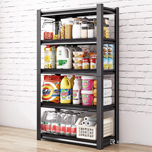 Black Metal Kitchen Storage Shelf With Food Items And Cleaning Supplies Against White Brick Wall 3d model 