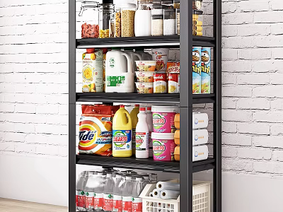 Black Metal Kitchen Storage Shelf With Food Items And Cleaning Supplies Against White Brick Wall 3d model