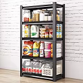 Black Metal Kitchen Storage Shelf With Food Items And Cleaning Supplies Against White Brick Wall