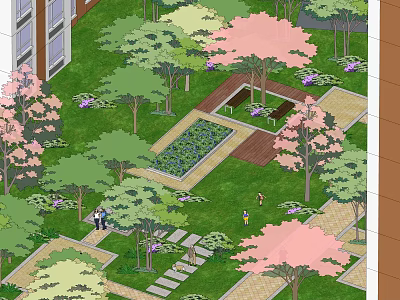 Beautiful Residential Landscape With Lush Trees Colorful Flowers Lawn And Stone Pathways 3d model