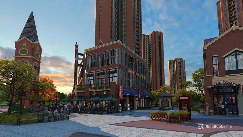 Vibrant Commercial Street At Sunset With High Rise Buildings Pedestrians Shops And Greenery 3d model 
