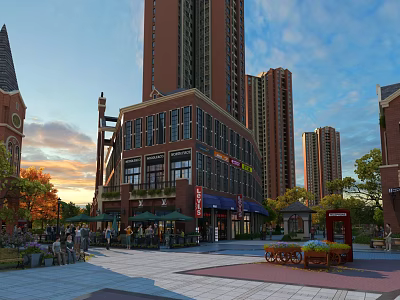 Vibrant Commercial Street At Sunset With High Rise Buildings Pedestrians Shops And Greenery 3d model