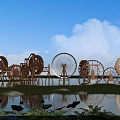 Wooden Water Wheels Garden Ornaments With Various Sizes On Water Surface And Lotus Plants