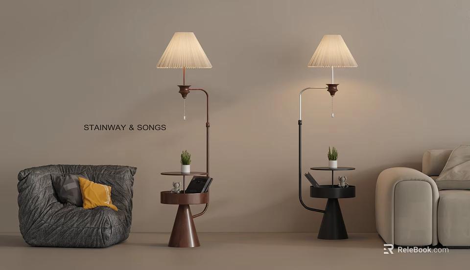 Modern Floor Lamps With Pleated Shades Brown Black Bases And Side Tables In Living Room 3d model 