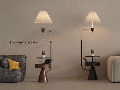 Modern Floor Lamps With Pleated Shades Brown Black Bases And Side Tables In Living Room 3d model
