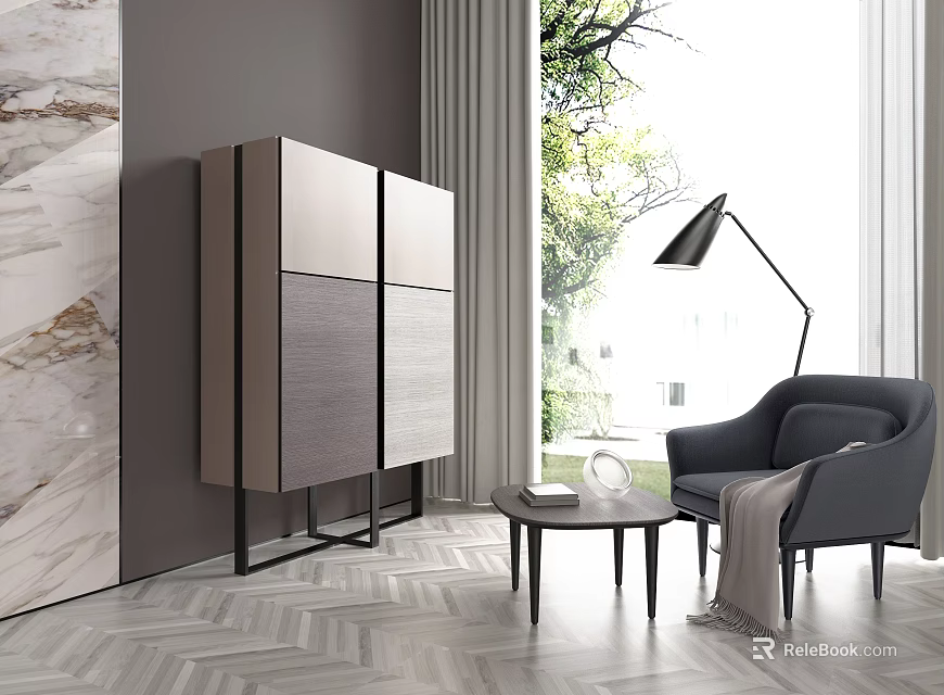Modern Console Cabinet And Side Cabinet Design In Living Room With Window And Armchair 3d model 