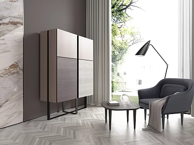 Modern Console Cabinet And Side Cabinet Design In Living Room With Window And Armchair 3d model