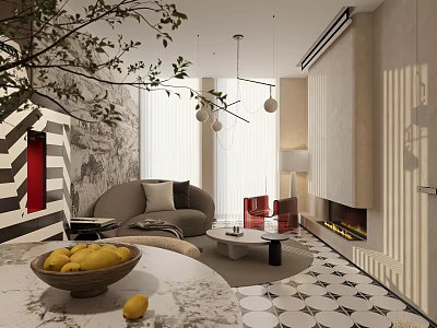 Modern Dining and Living Room Interior With Sofa Dining Table Patterned Flooring And Lighting 3d model